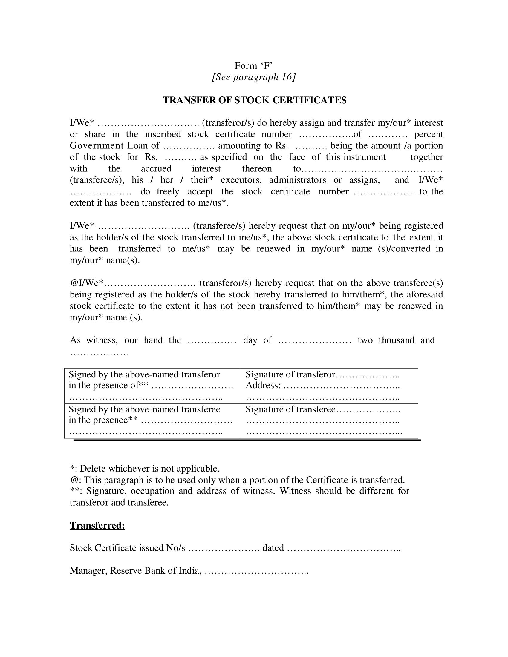 Transfer Of Stock Certificate